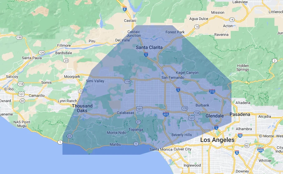 Map with a blue polygon highlighting the Los Angeles metro area, including Santa Clarita, Glendale, Thousand Oaks, and surrounding parts of Southern California.