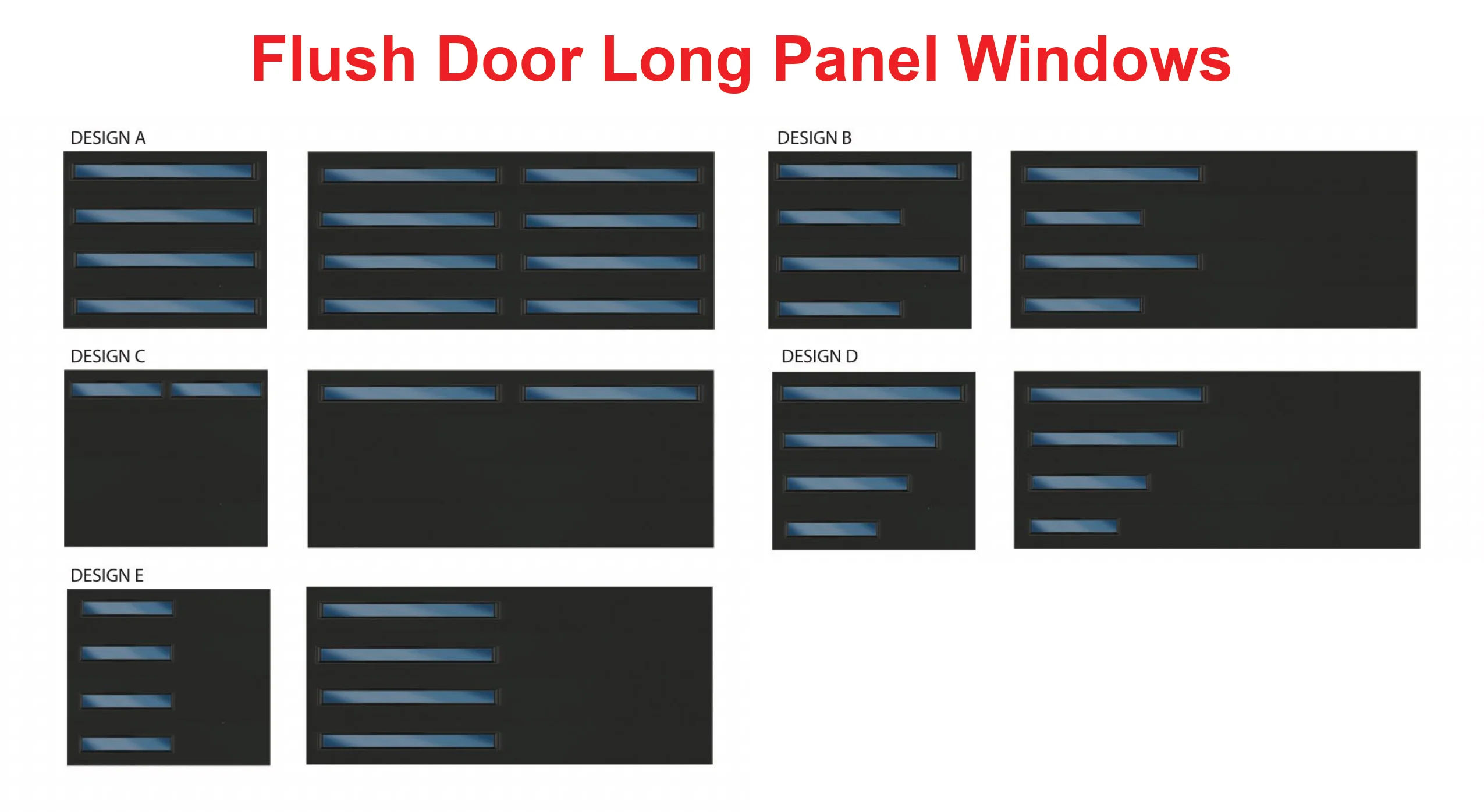Flush door long panel window designs labeled A to E, showing modern horizontal glass panel arrangements for contemporary garage doors.