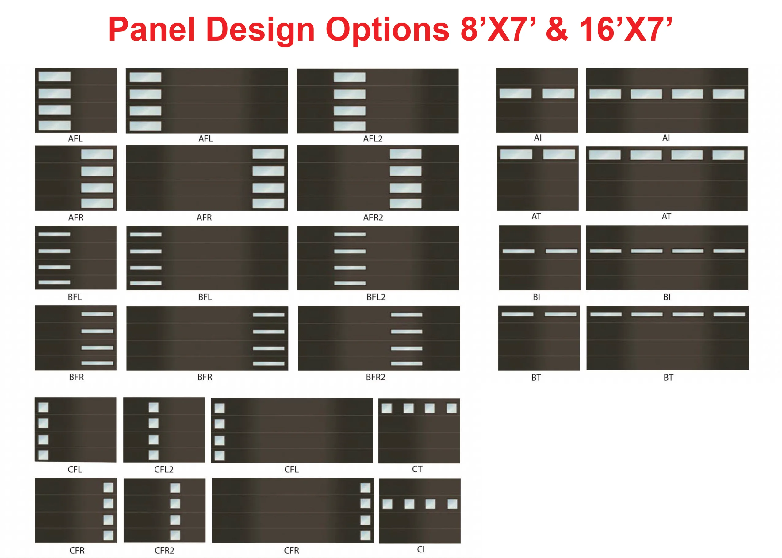 Grid of 24 short/long pane panel window layouts (AFL–CT) for 8’x7’ and 16’x7’ designs.